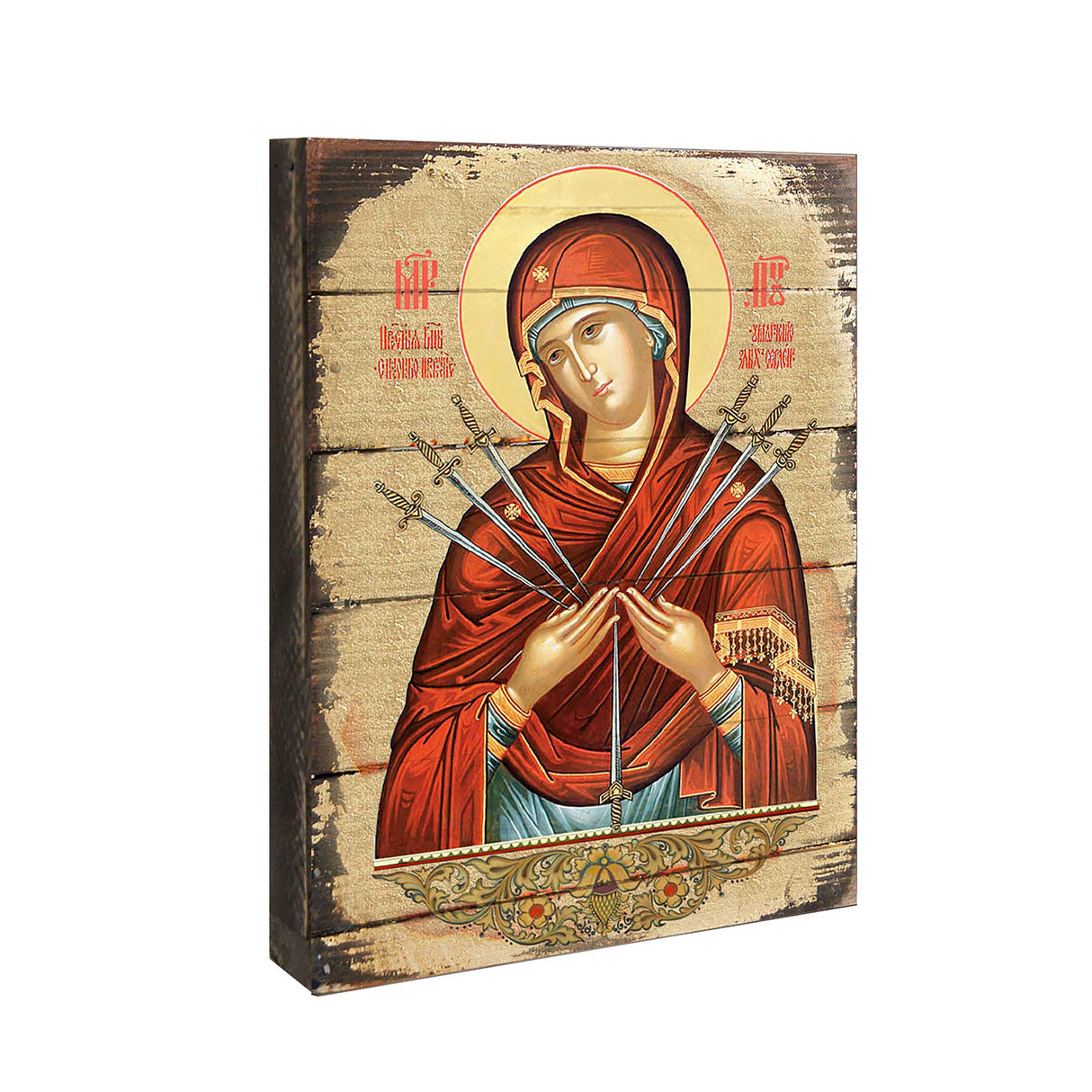 Icono religioso cristiano sagrado de madera bañado en oro de la Virgen María de las Siete Espadas - Decoración inspiradora - 85037