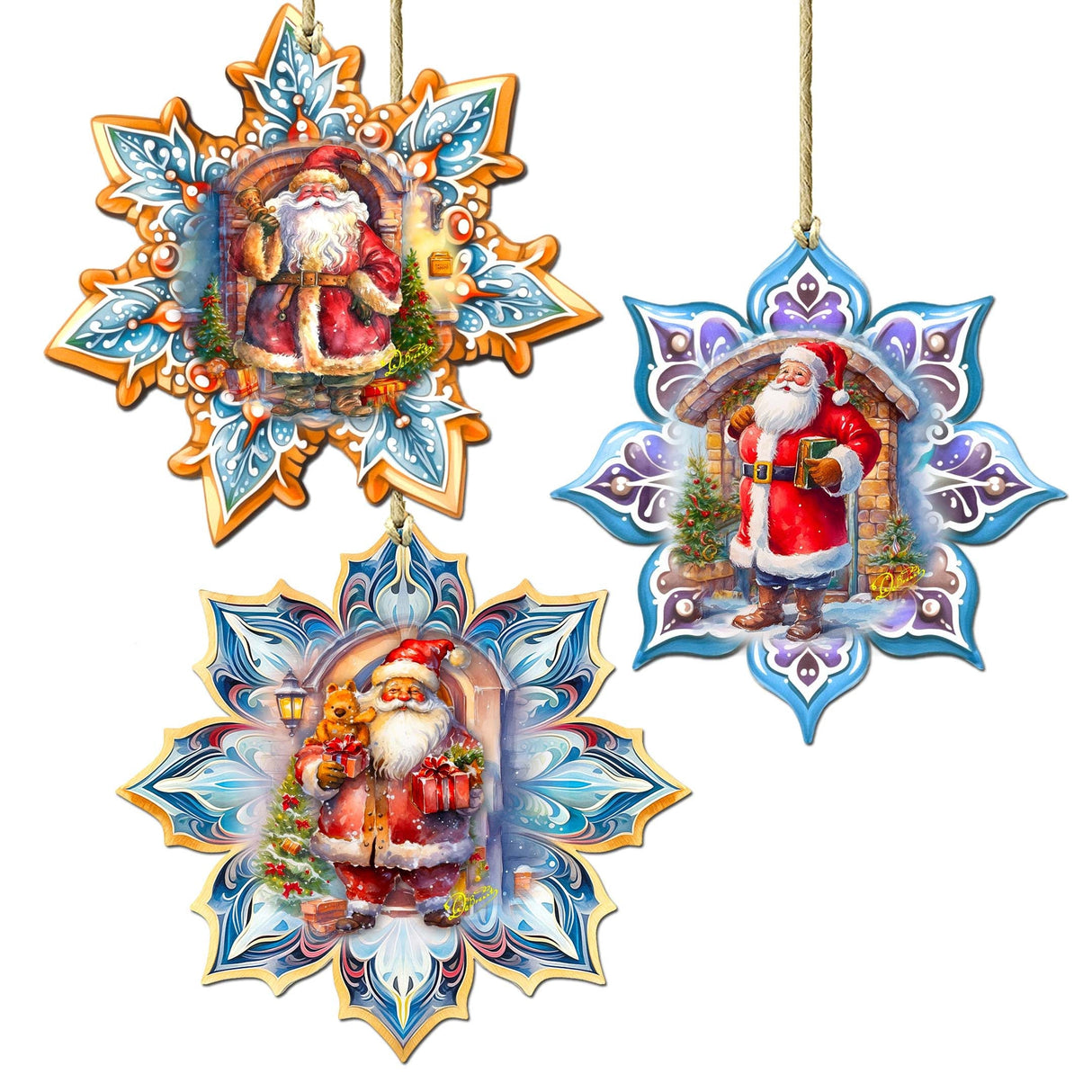 Santa's Greetings Snowflake Wooden Ornaments Set of 3 by G. Debrekht - Christmas Decor - 8090147-S3