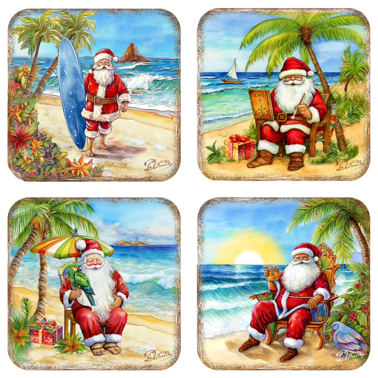 Juego de 4 posavasos de corcho de madera "Santa en la playa" de G. Debrekht - Decoración navideña de Santa - 8199441C-S4