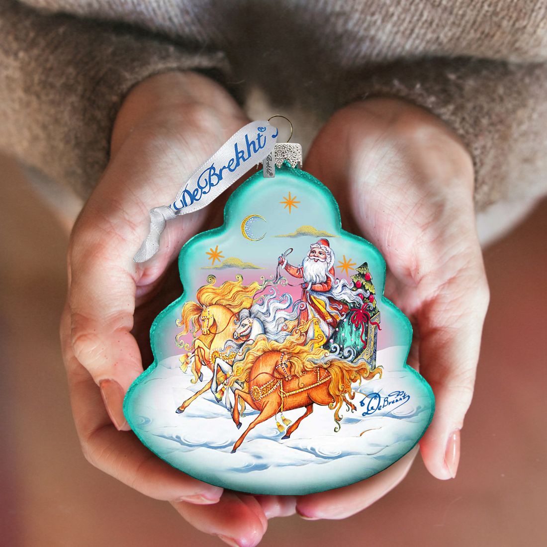 Sleigh Ride Tree Glass Ornament by G. DeBrekht - Christmas Santa Snowman Decor - 762-018