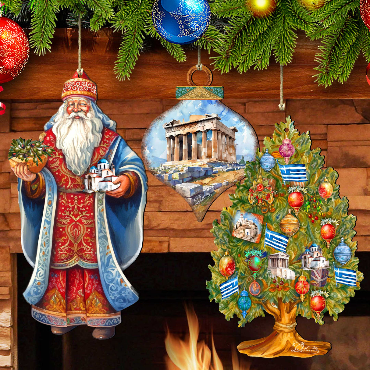 Santas Around the World - Greece Inspired Santa - Wooden Ornaments Set of 3 by G. DeBrekht Christmas Santa Snowman Decor - 8091316S3