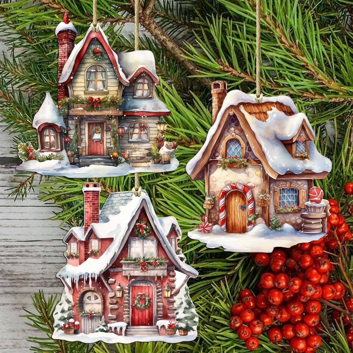 Christmas Houses Decorative Wooden Ornaments Set of 3 by G. Debrekht - Christmas Decor - 8091024-S3