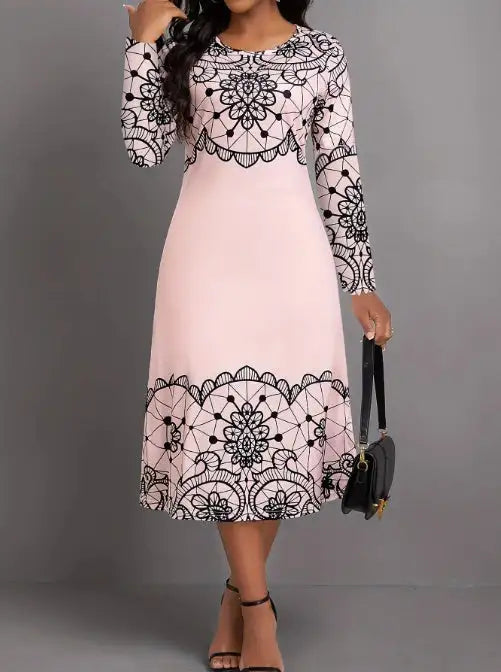 Ladies' Round Neck Printed Fashionable Dress - Lootquake