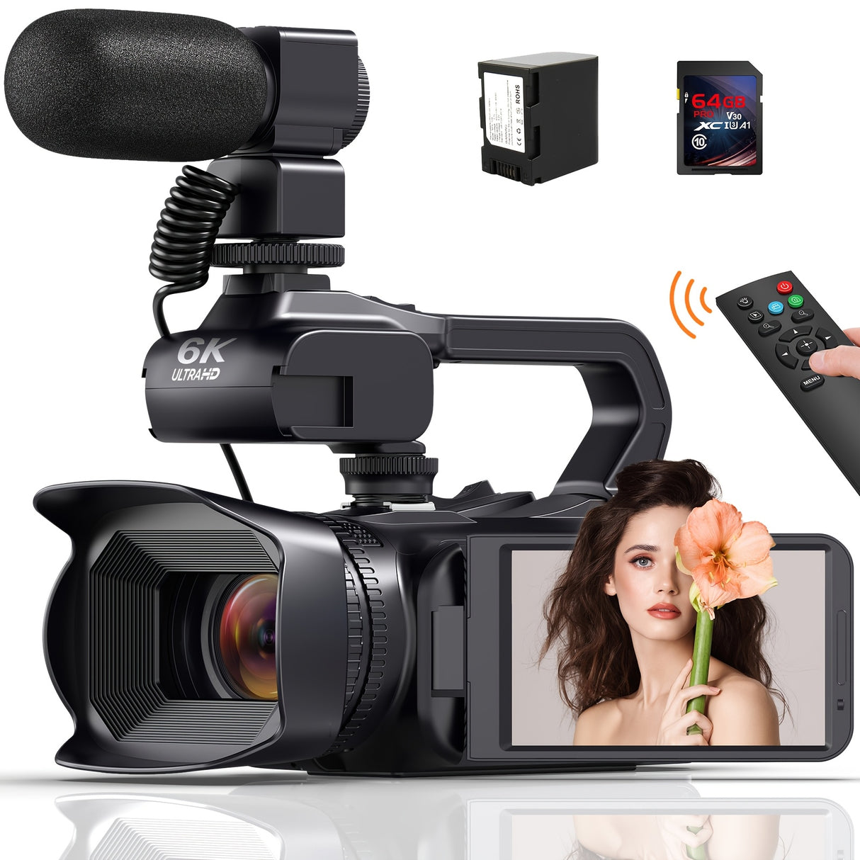 Videocámara Ultra HD 6K con zoom de 18x, visión nocturna por infrarrojos, pantalla táctil de 4.0", wifi, micrófono, tarjeta SD de 64 GB, control remoto y cargador. Perfecta para vlogs y filmaciones. Cámara para vlogs | Cámara táctil | Alta resolución.