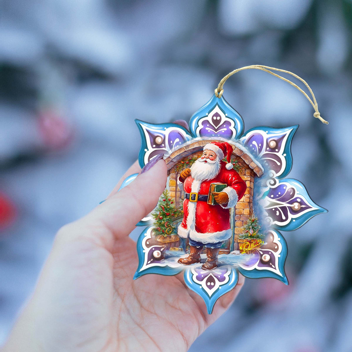 Adornos de madera de Papá Noel con copos de nieve y libro de G. Debrekht - Decoración navideña de Papá Noel y muñeco de nieve - 8688420