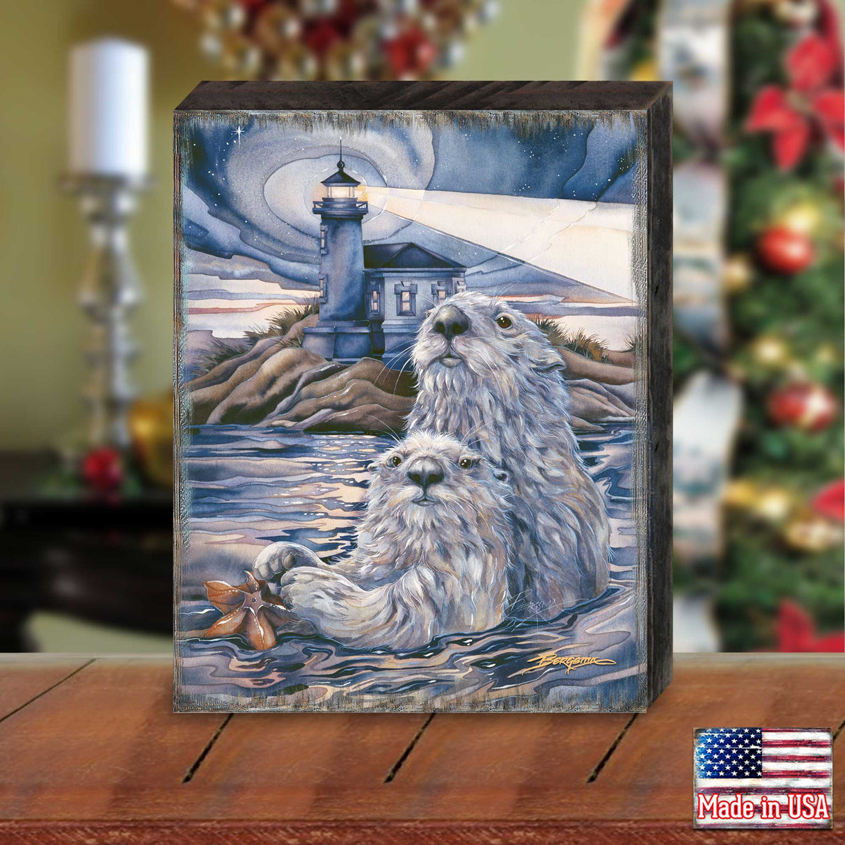 Starlight Otter Lighthouse Wooden Wall Art by J. Bergsma - Nature Wildlife Décor - 85922572B-JB