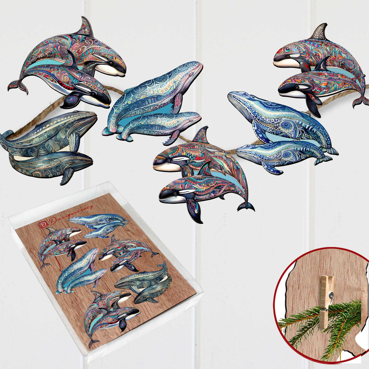 Embracing Whales Decorative Wooden Clip-on Ornaments Set of 6 by G. Debrekht - Wildlife Decor - 8090107C-S6