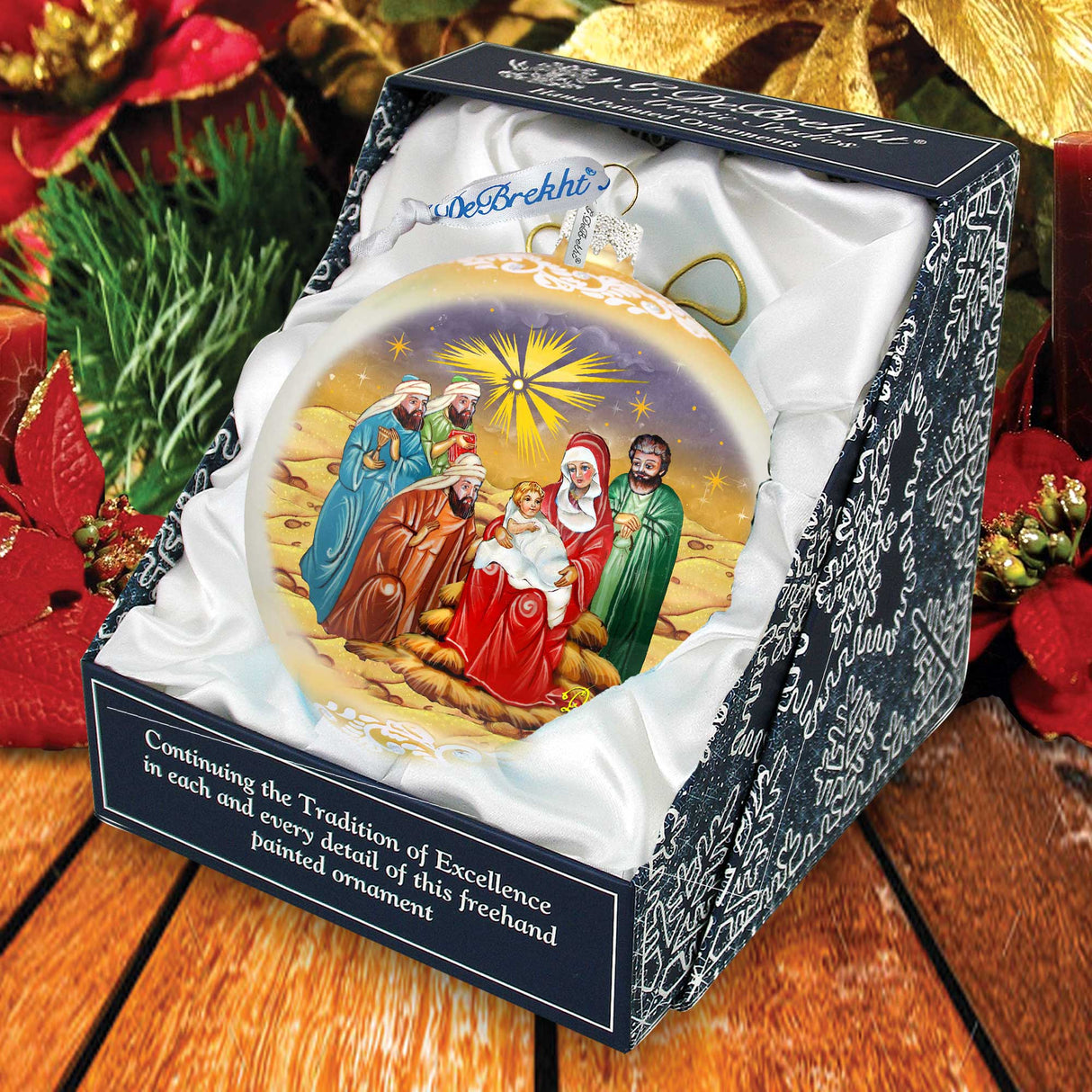 Adorno de cristal grande de la Sagrada Familia y los Reyes Magos en dorado de G.DeBrekht - Decoración navideña - 73920G