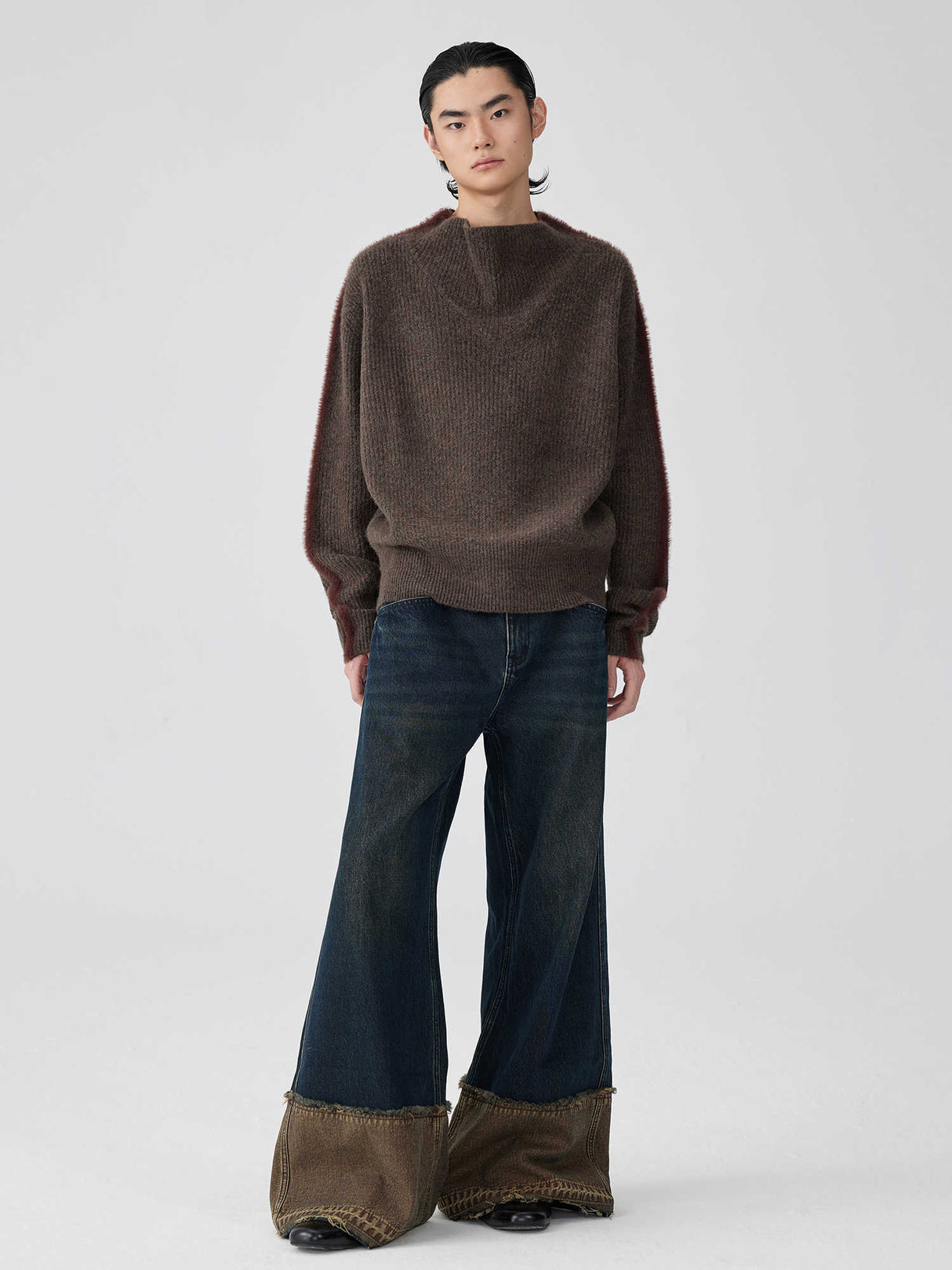 Brown Blue Nano Water Foot Washing Mouth Reverse Stitching Raw Hem Jeans - Lootquake