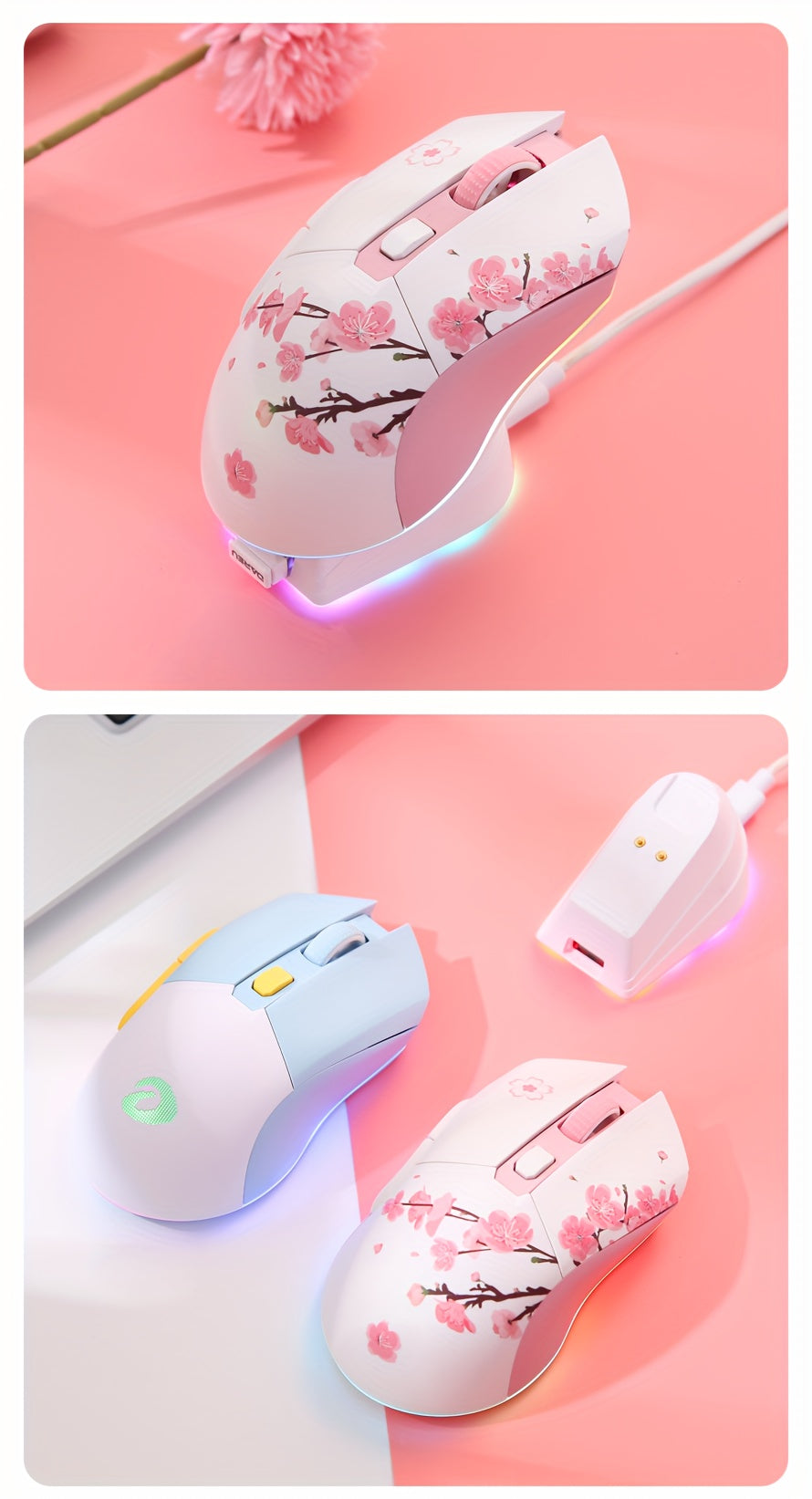 DAREU Sakura Pink Wireless Gaming Mouse - 12K DPI, RGB Rechargeable, 7 Programmable Buttons, Charging Dock Stand, Dual Mode for PC/Laptop/Mac - The Perfect Gift for Birthdays, Valentines, Halloween, Easter, and Girlfriends