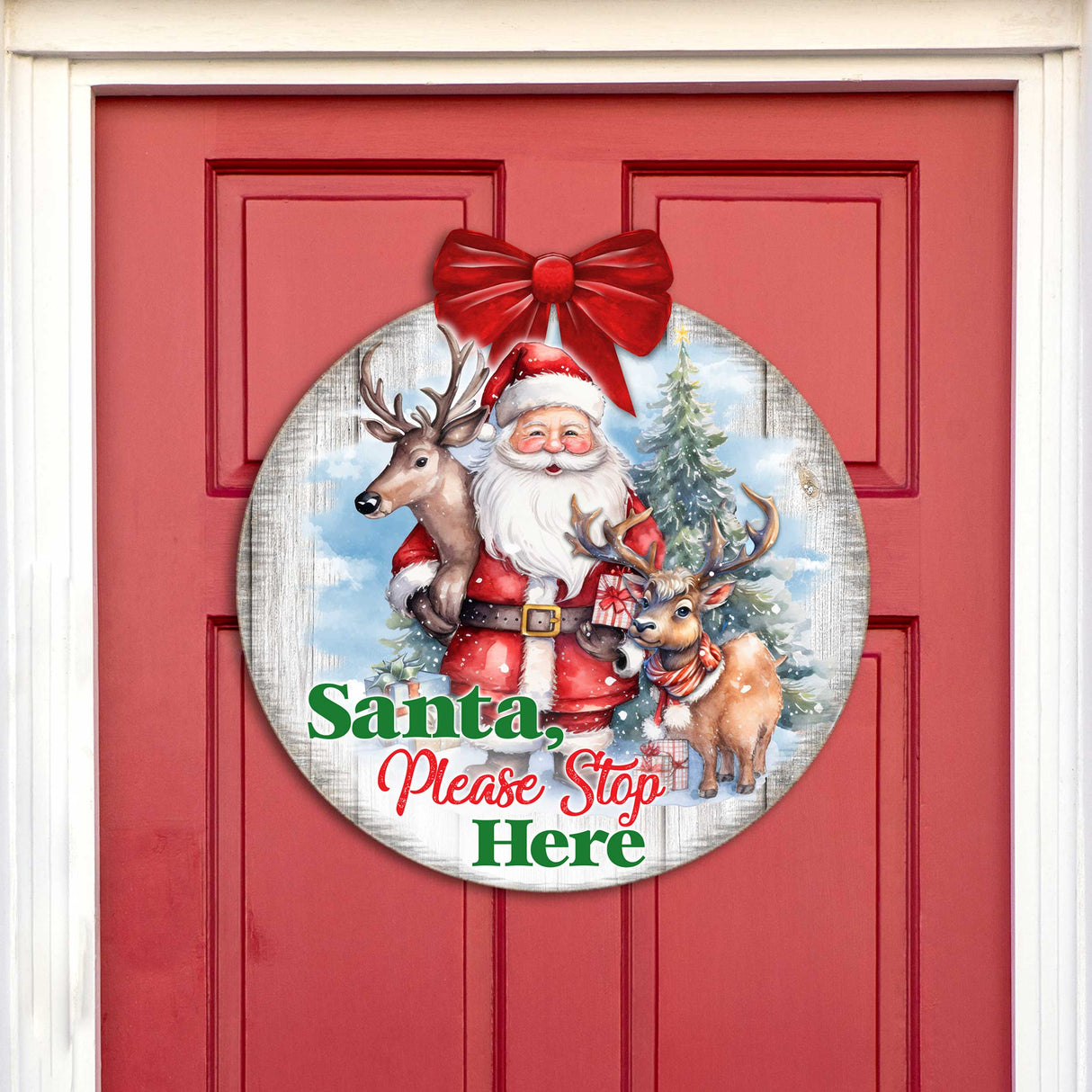 Letrero de Papá Noel, por favor, deténgase aquí. Letrero de bienvenida para la puerta principal. Pancarta de entrada principal. Letrero de bienvenida - Decoración de porche delantero de madera - 933116H