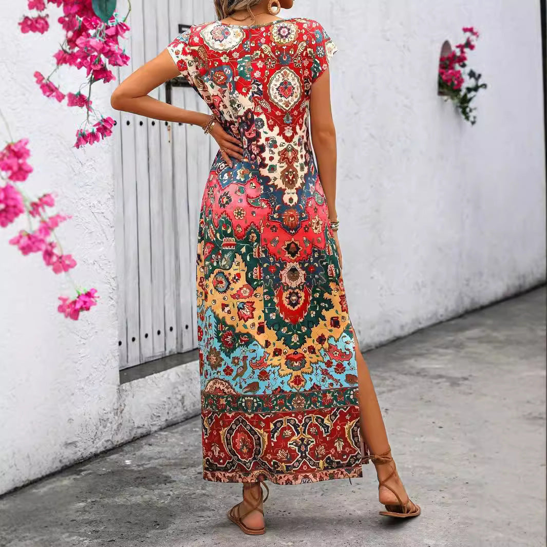 Vestido informal largo con cuello en U y estampado 3D para mujer