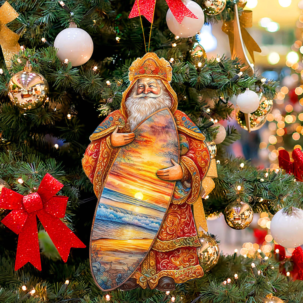 Adornos de madera de Santa Claus con paseo en surf tropical de G. Debrekht - Decoración navideña de muñeco de nieve de Santa Claus - 8691413