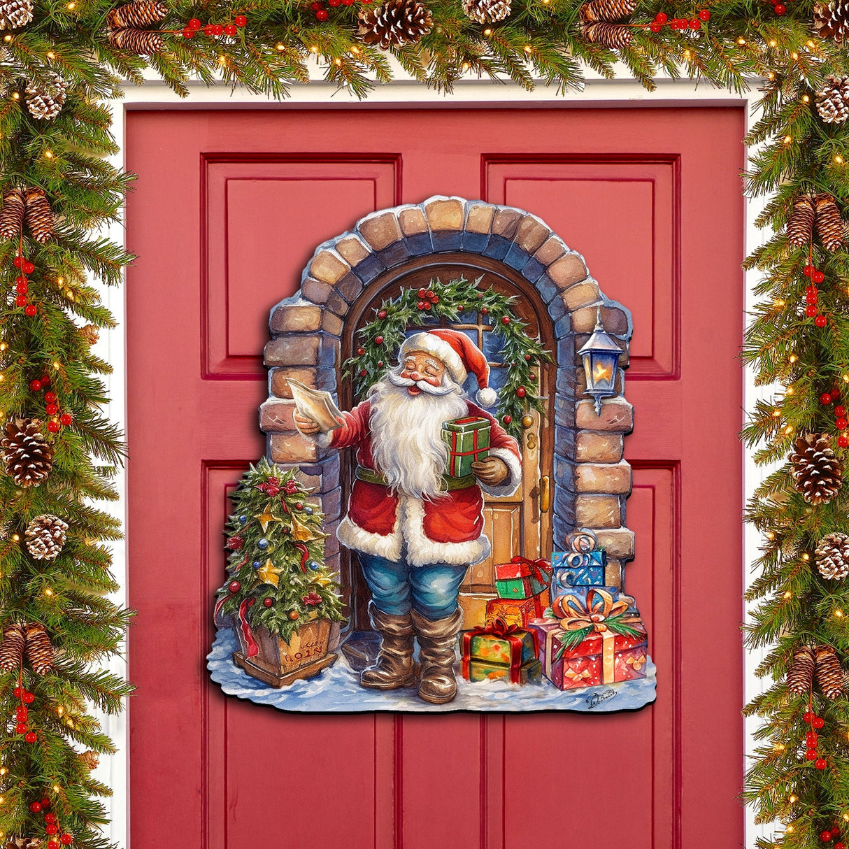 Decoración navideña para puerta con la visita sorpresa de Papá Noel de G. Debrekht - Decoración navideña con muñeco de nieve de Papá Noel - 8611045H