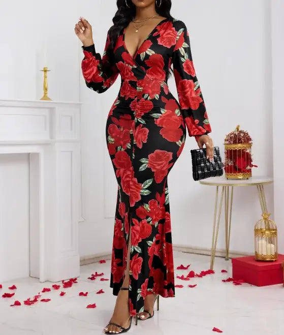 Ladies' V-neck Floral Print Fashionable Hip Hugging Dress - Lootquake
