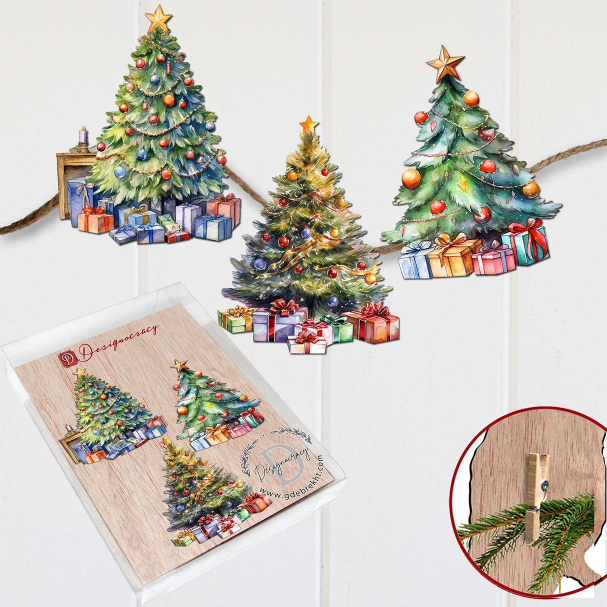 Christmas Tree Decorative Wooden Clip-on Ornaments Set of 3 by G. Debrekht - Christmas Decor - 8091044C-S3
