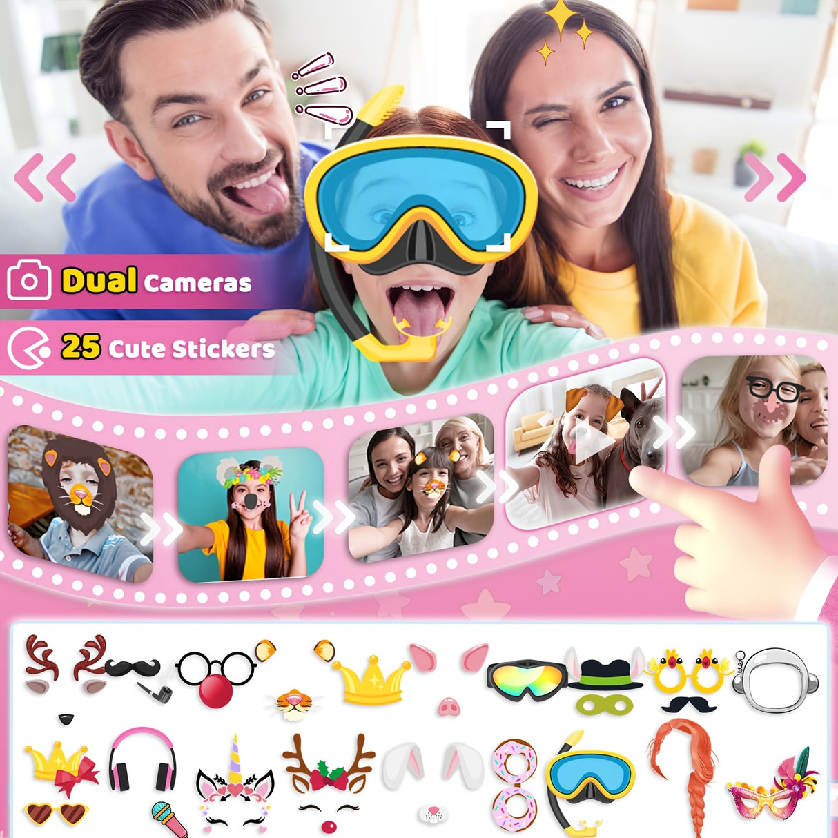 Téléphone intelligent interactif à écran tactile pour enfants de 3 ans et plus, jouet en silicone rose avec double caméra HD, rechargeable par USB avec batterie lithium-polymère de 1 100 mAh, carte SD de 8 Go incluse, cadeau de voyage éducatif pour et