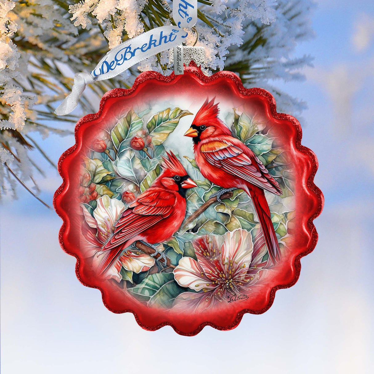 Cardinals Wreath Glass Ornament by G. Debrekht - Wildlife Holiday Decor - 759-052