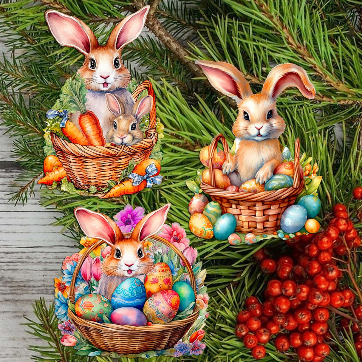 Eggs and Bunnies Decorative Wooden Clip-on Ornaments Set of 3 by G. Debrekht - Easter Decor - 8091057C-S3