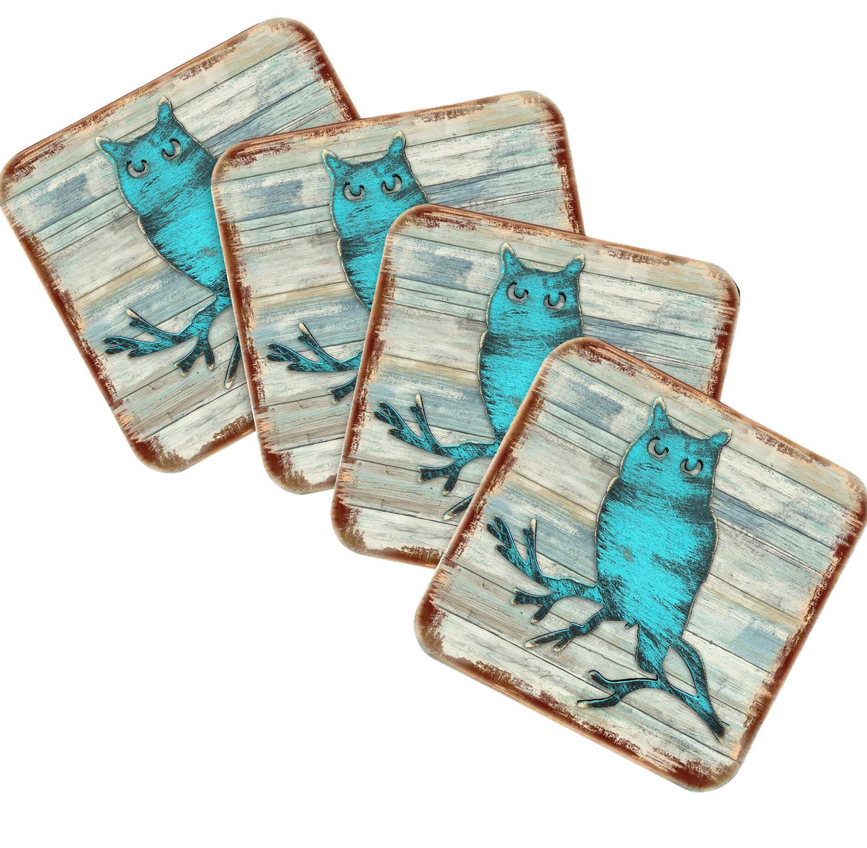 Owl Wooden Cork Coasters Gift Set of 4 by Nature Wonders - Nature Wildlife Decor - 8198218-9C-S4