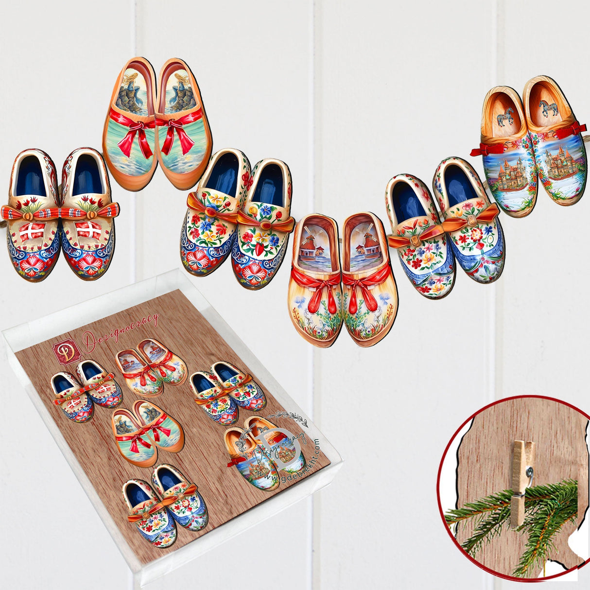 Danish Shoes Decorative Wooden Clip-on Ornaments Set of 6 by G. Debrekht - Love Family Decor - 8090073C-S6