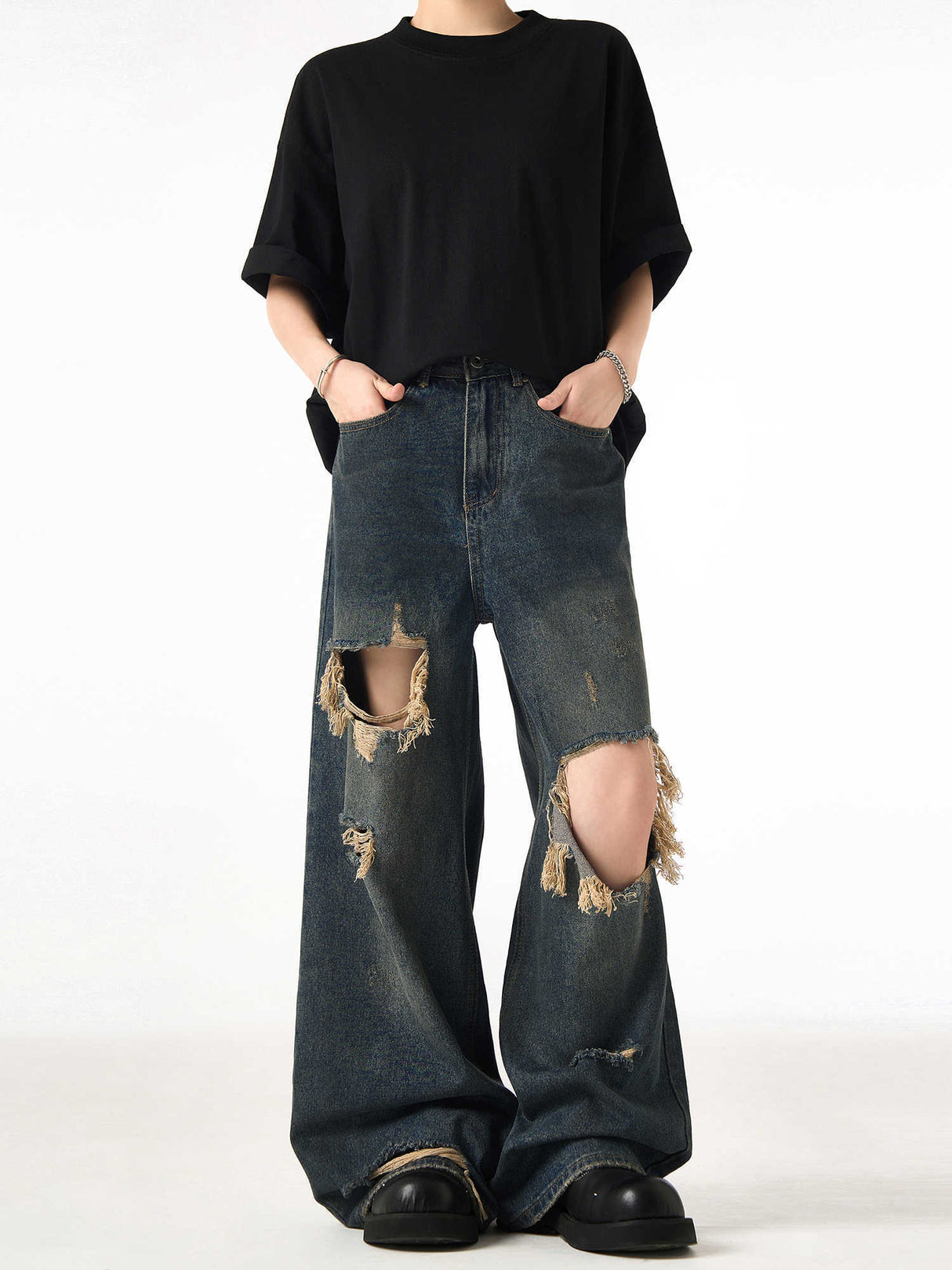 Couple Hole Worn Jeans Wide-leg Pants - Lootquake