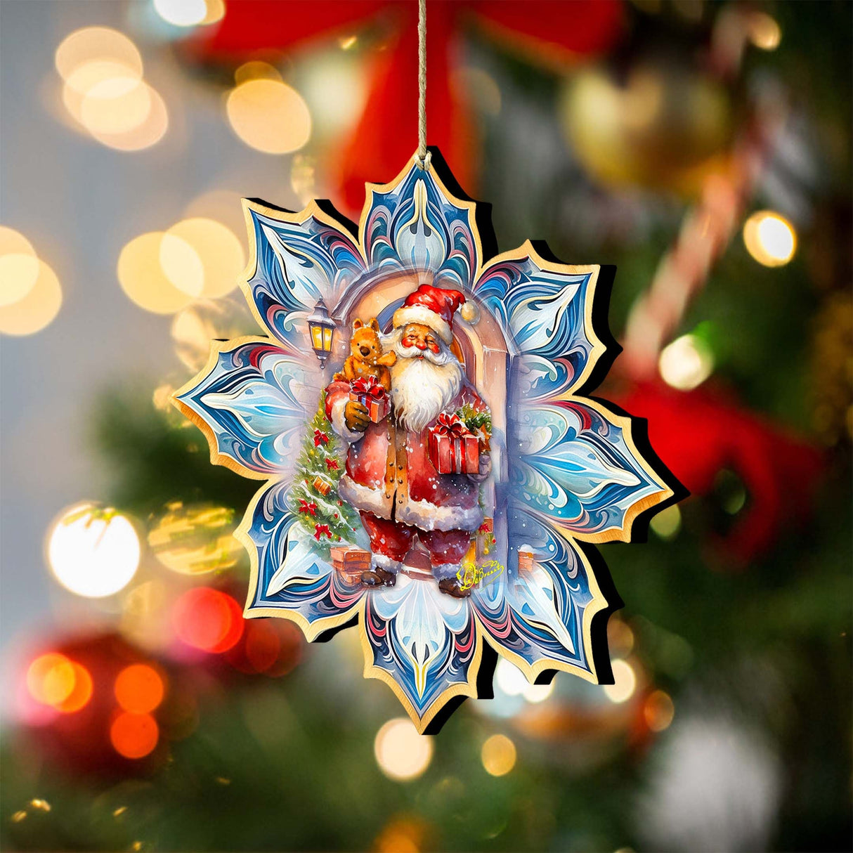 Adornos de madera con copos de nieve de Papá Noel con regalos de G. Debrekht - Decoración navideña de Papá Noel y muñeco de nieve - 8688421