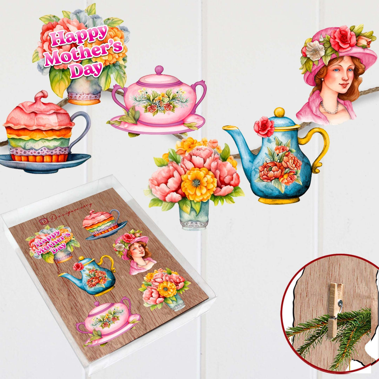 Juego de 6 adornos decorativos de madera con clip para el Día de la Madre de G. Debrekht - Love Family Decor - 8090059C-S6