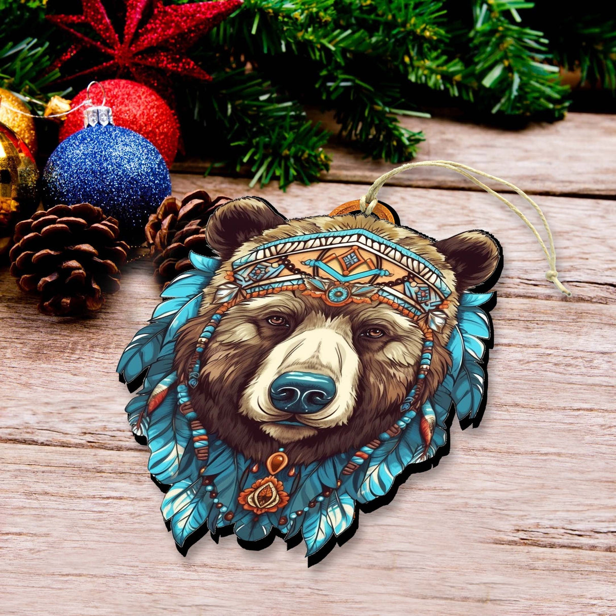 Mysterious Bear Face Wooden Ornaments by G.Debrekht - Wildlife Holiday Decor - 8710124-2