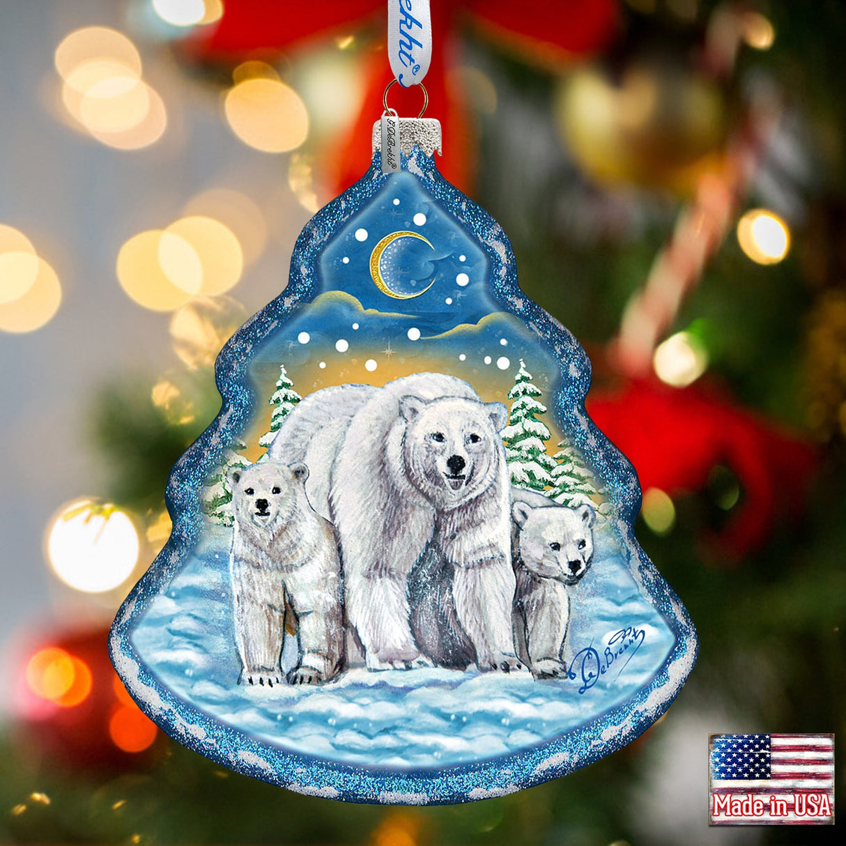 Fatherly Love Polar Bear Tree Glass Ornament by G. DeBrekht - Wildlife Holiday Decor - 762-025
