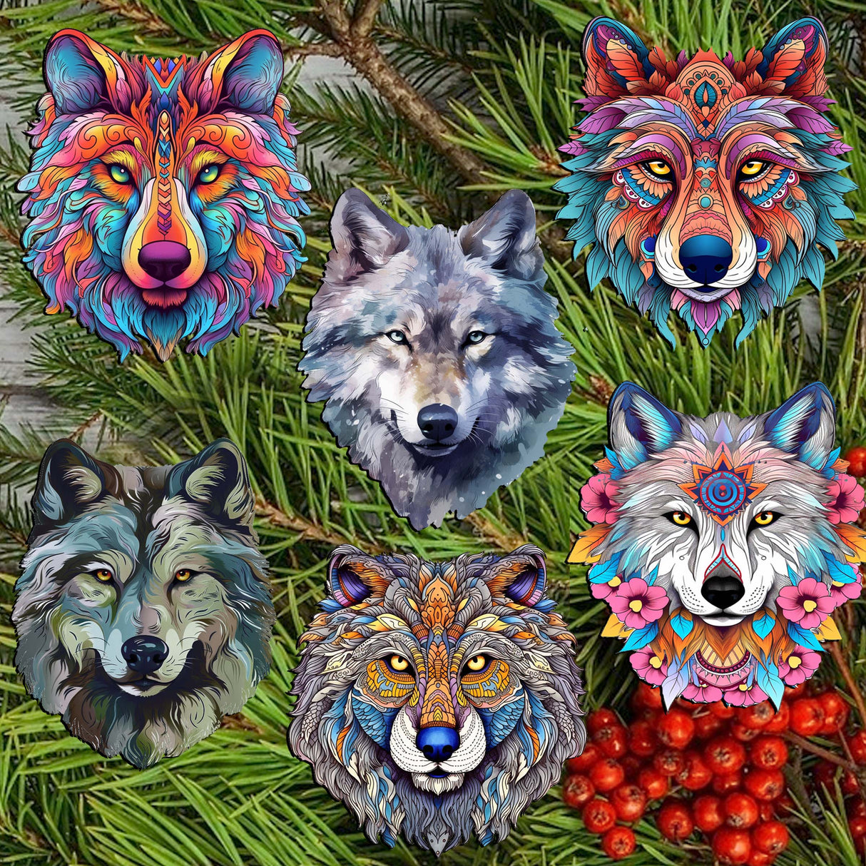 Enigmatic Wolves Decorative Wooden Clip-on Ornaments Set of 6 by G. Debrekht - Wildlife Decor - 8090113C-S6