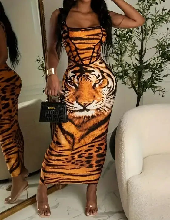 Ladies' Tiger Print Slim Fit Casual Dress - Lootquake