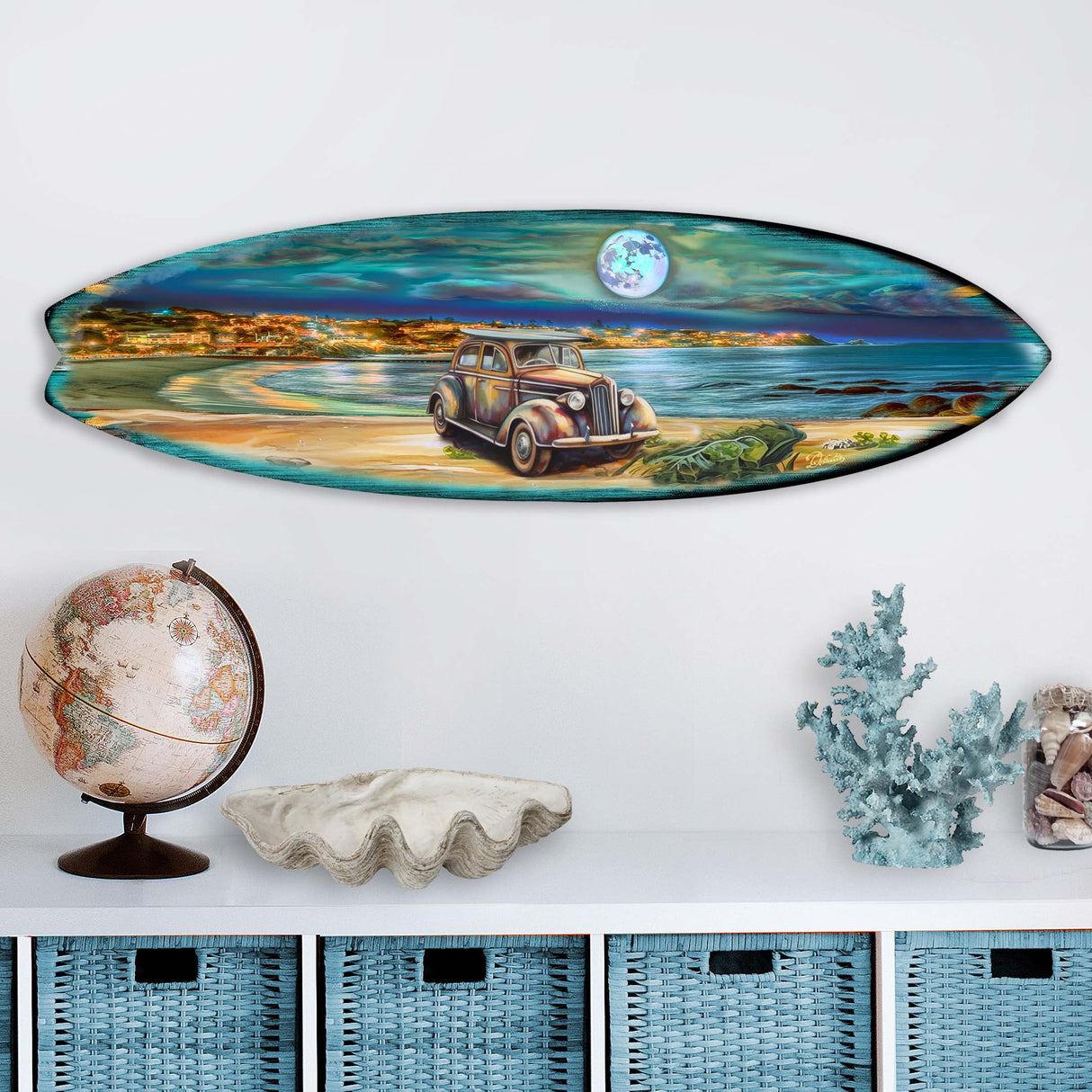 Night Beach Surfboard Coastal Wall Art by G. DeBrekht - Coastal Holiday Decor - 8490123HS