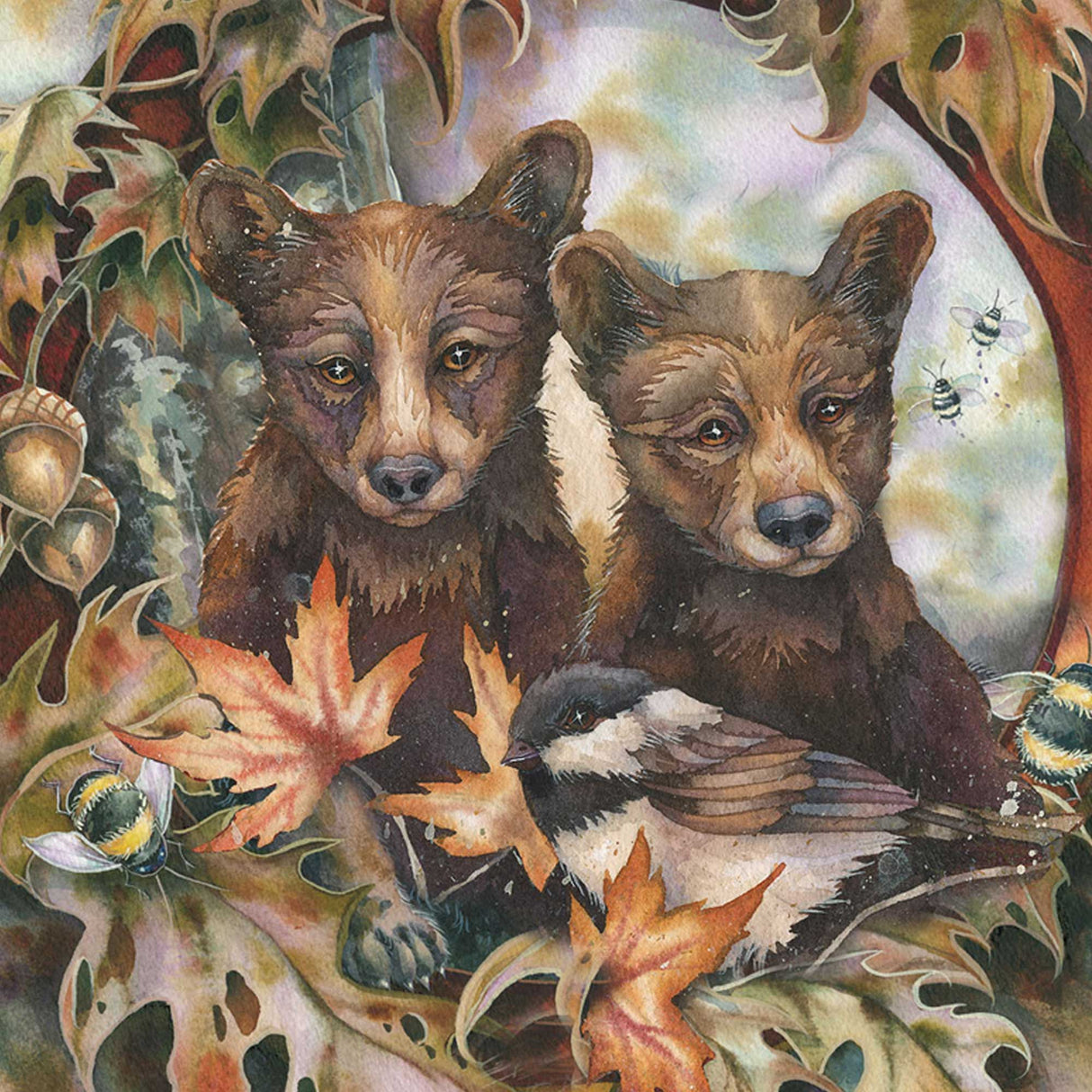 Simple Joys Black Bear Cubs Bees Wooden Wall Art by J. Bergsma - Nature Wildlife Decor - 85922850B-JB