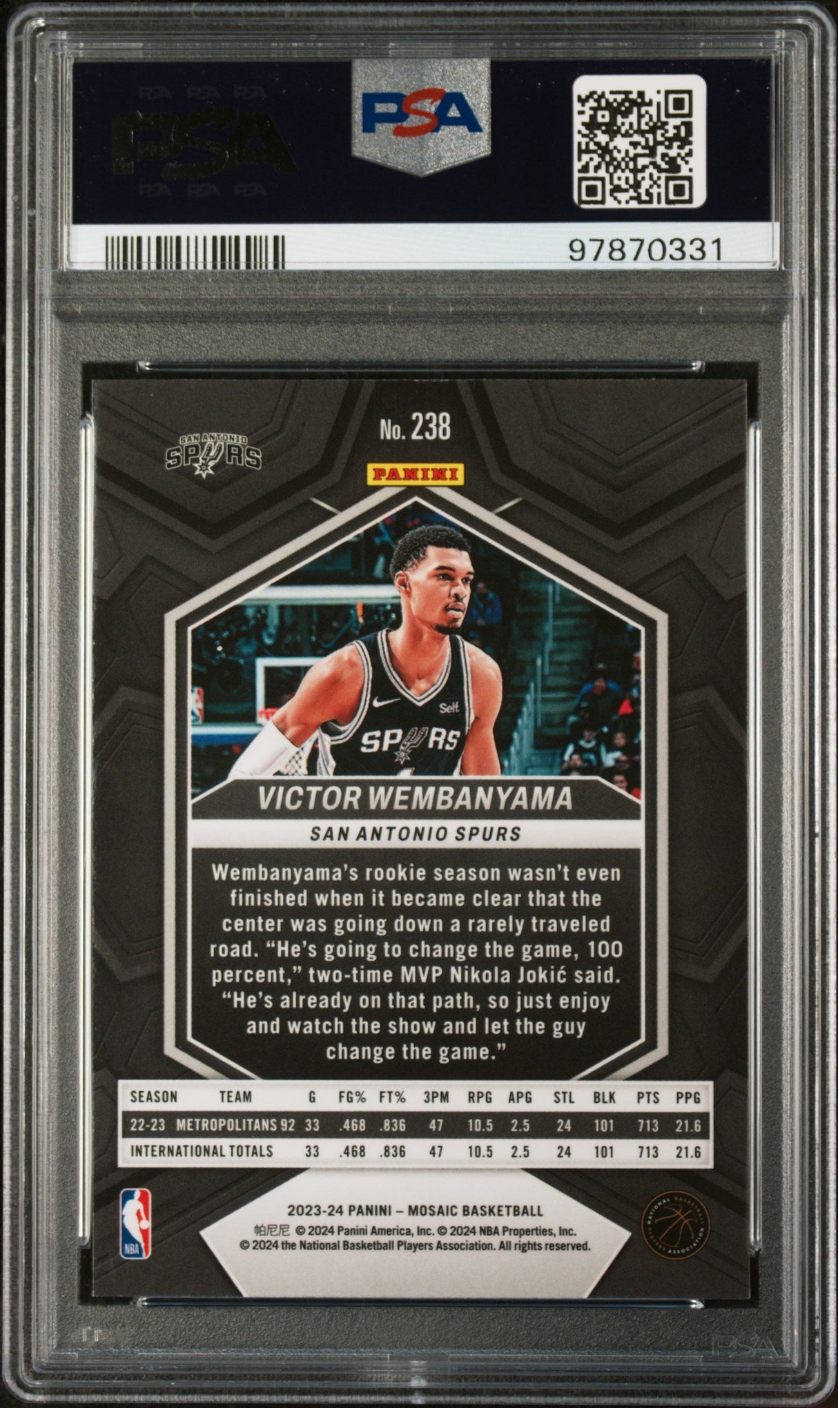 Graded 2023 Panini Mosaic Victor Wembanyama #238 Rookie RC Basketball Card PSA 10 Gem Mint