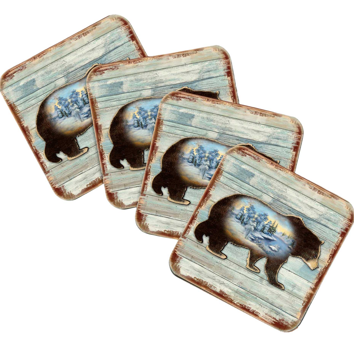 Bear Wooden Cork Coasters Gift Set of 4 by Nature Wonders - Nature Wildlife Decor - 8198215-9C-S4
