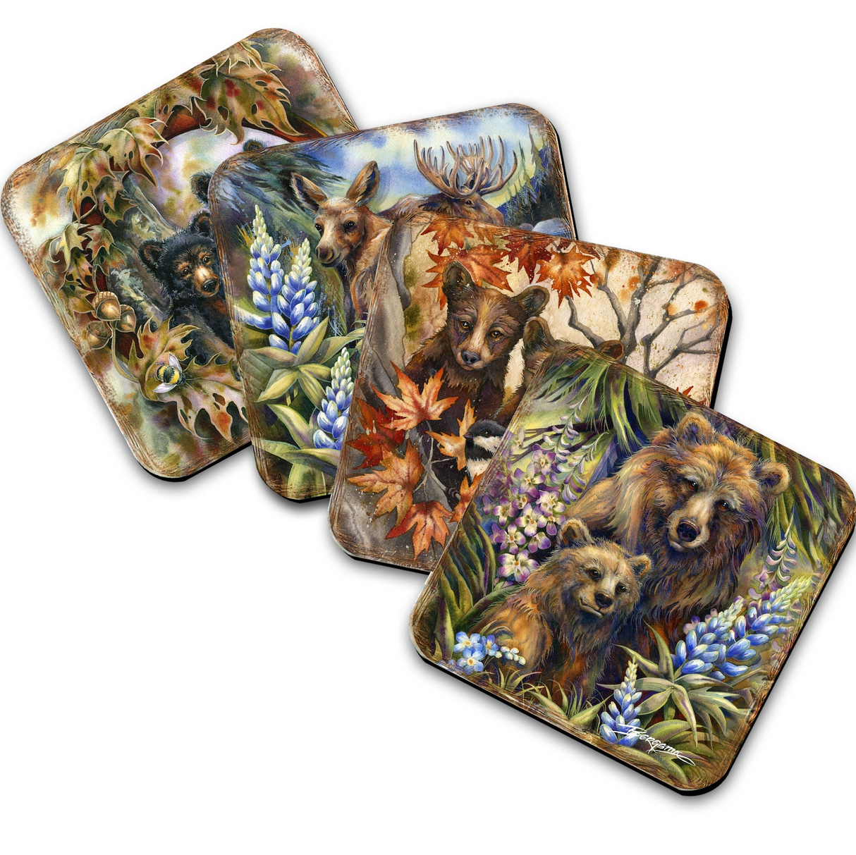Forest Friends Wooden Cork Coasters Gift Set of 4 by J. Bergsma - Wildlife Decor - 8199455C-S4