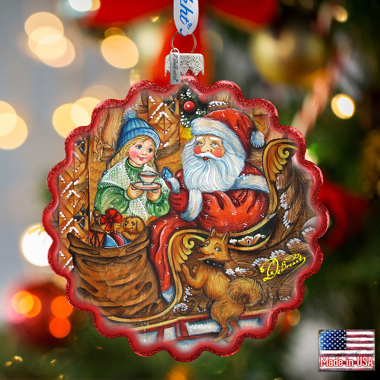 Santas Arrival Wreath Glass Ornament by G. DeBrekht - Christmas Santa Snowman Decor - 759-039