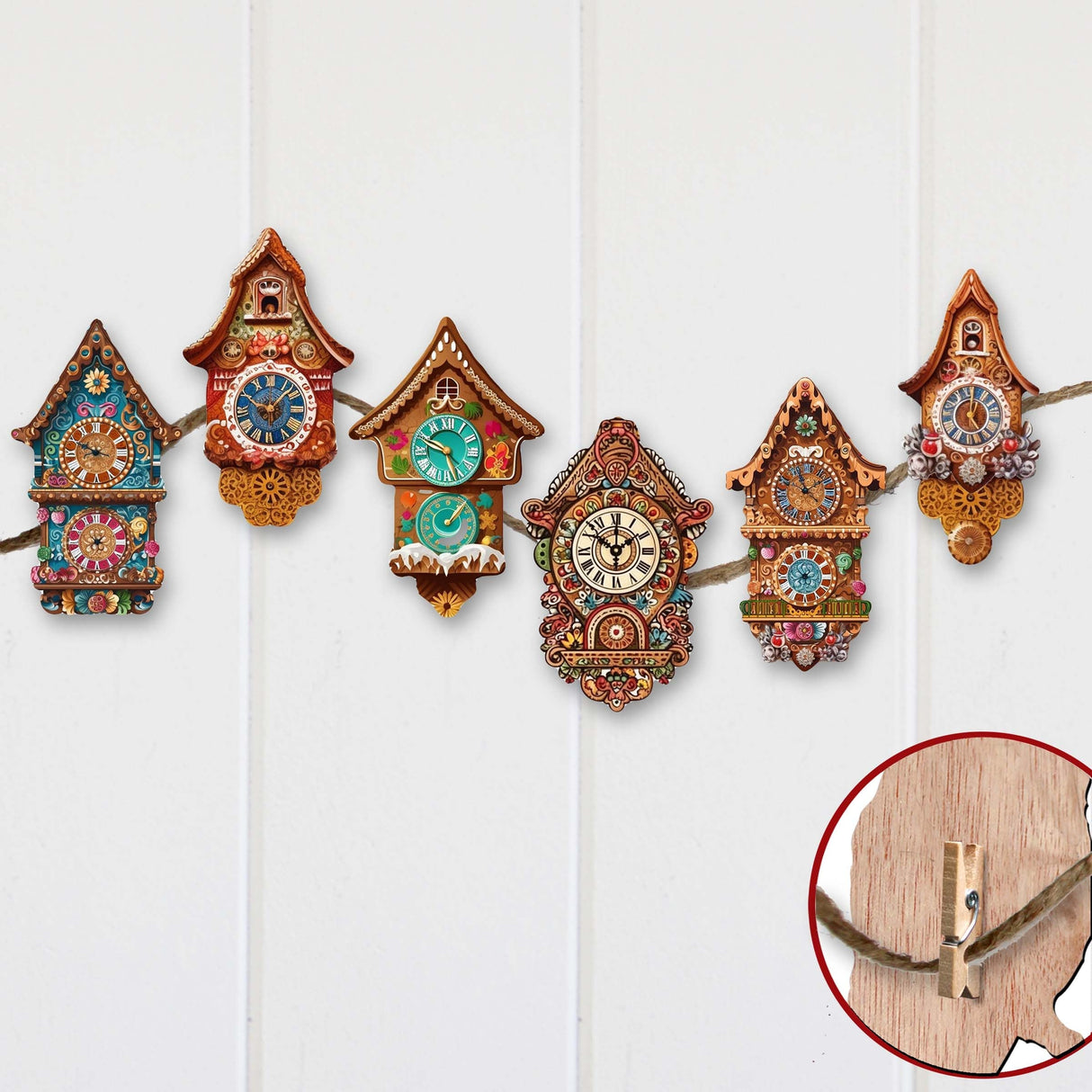 Miniature clock Decorative Wooden Clip-on Ornaments Set of 6 by G. Debrekht - Christmas Decor - 8090020C-S6