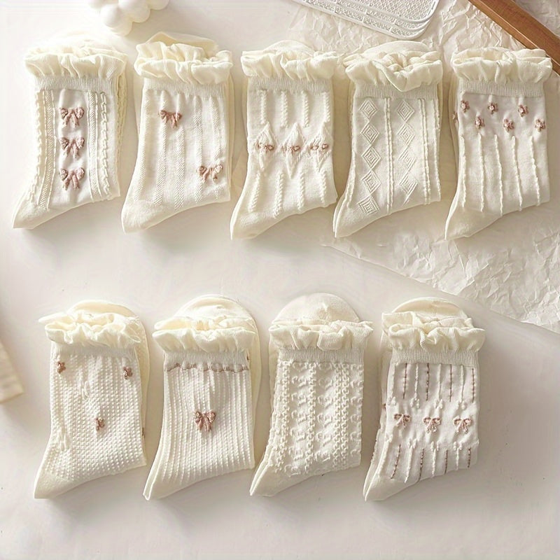9 Pairs Floral & Bow Print Socks, Sweet & Cute Ruffle Socks, Women's Stockings & Hosiery