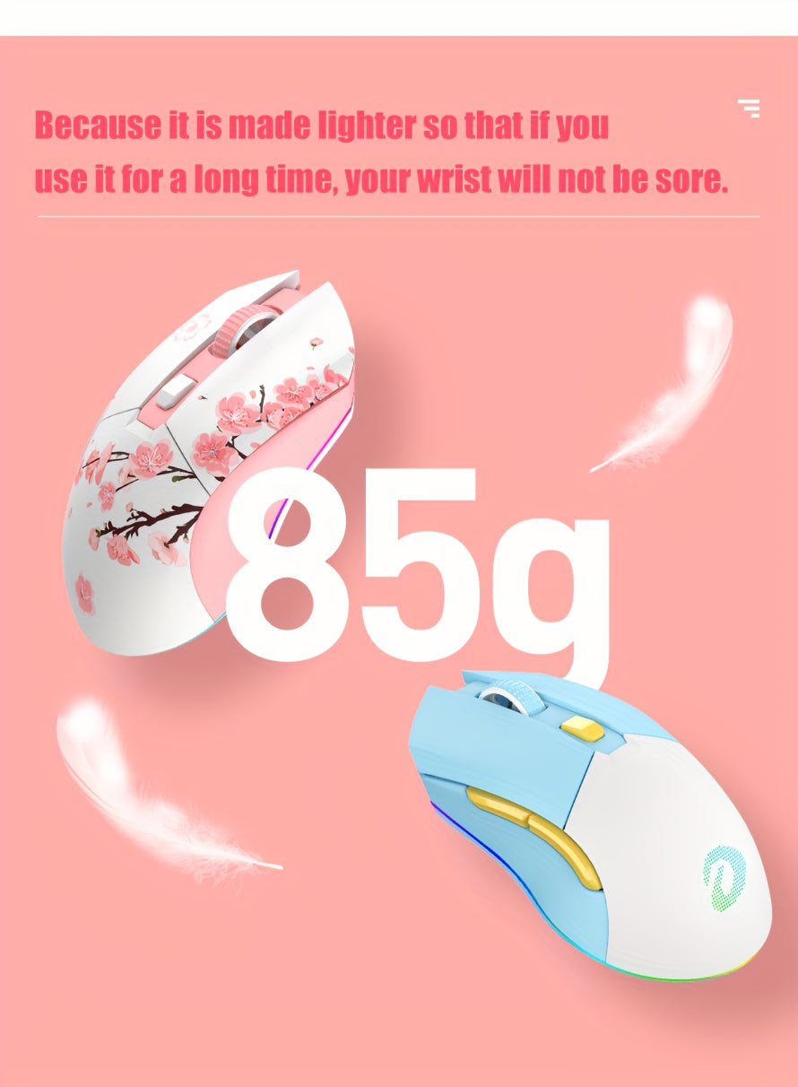 DAREU Sakura Pink Wireless Gaming Mouse - 12K DPI, RGB Rechargeable, 7 Programmable Buttons, Charging Dock Stand, Dual Mode for PC/Laptop/Mac - The Perfect Gift for Birthdays, Valentines, Halloween, Easter, and Girlfriends
