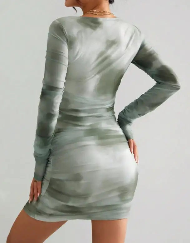 Ladies' Square Neck Printed Fashionable Slim Fit Dress With A Wrapped Buttocks - Lootquake