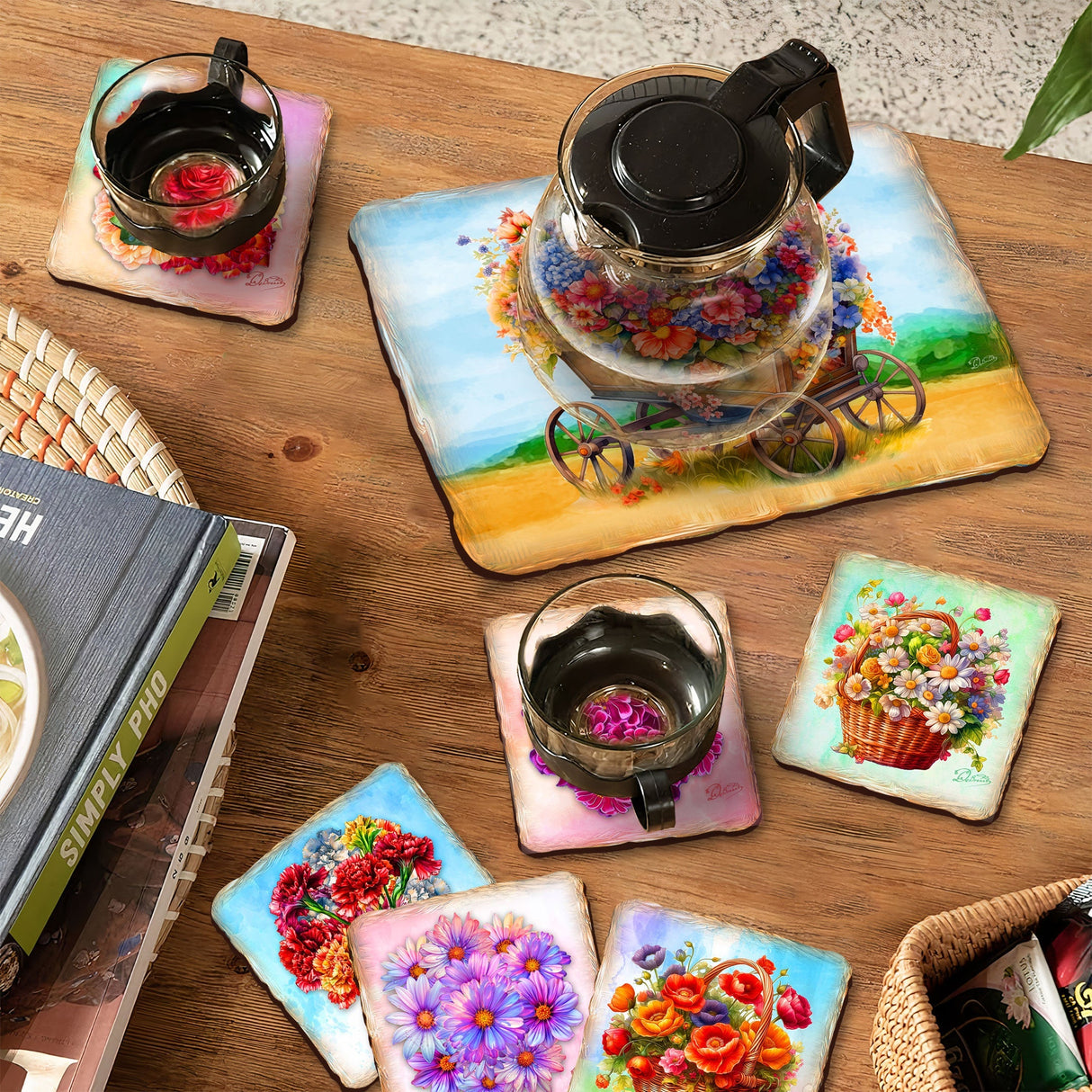 Bouquet of Flowers Wooden Cork Placemat and Coasters Gift Set of 7 by Nature Wonders - Nature Wildlife Decor - 85444C-S7