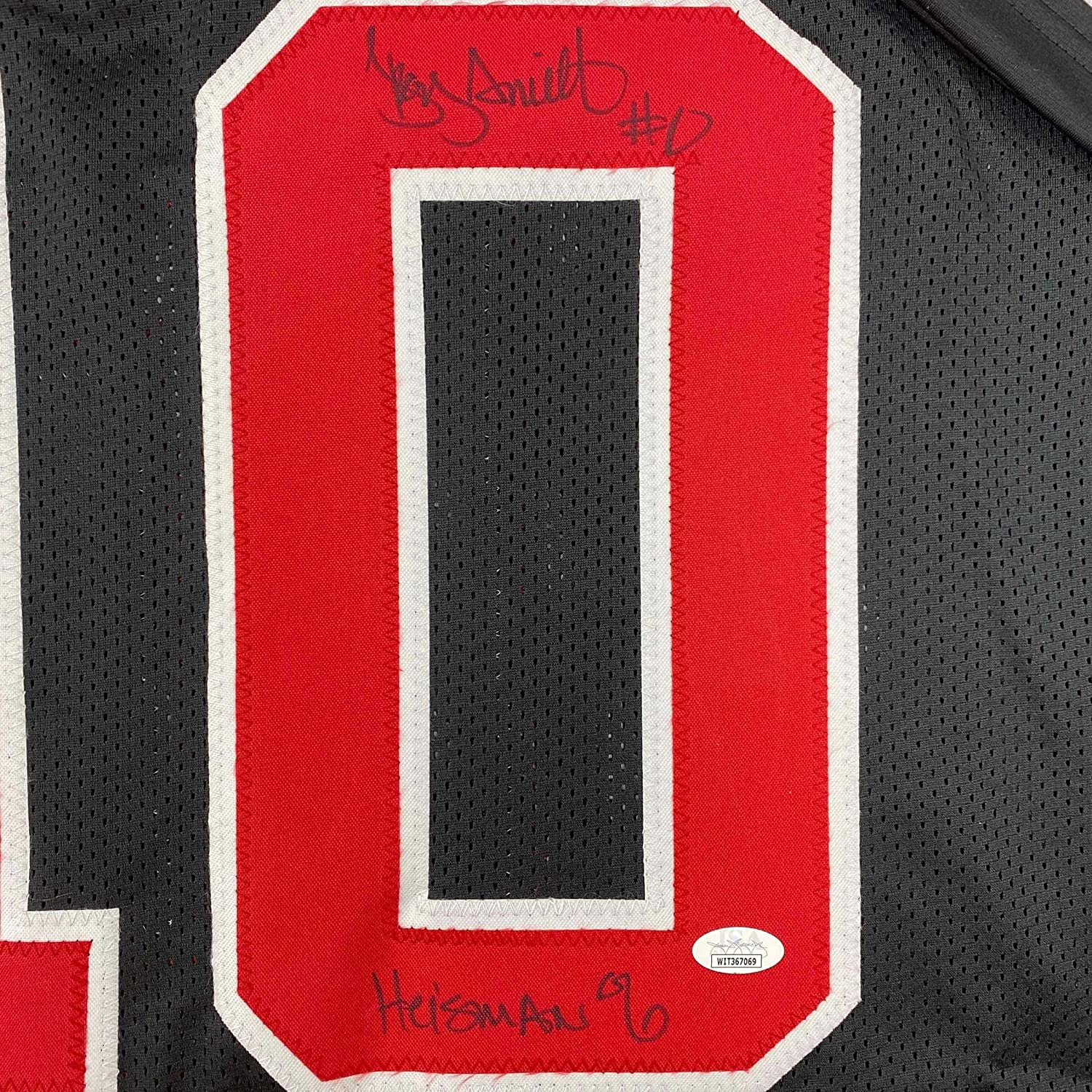 Framed Autographed/Signed Troy Smith Heisman 35x39 06 Ohio State Black College Football Jersey JSA COA