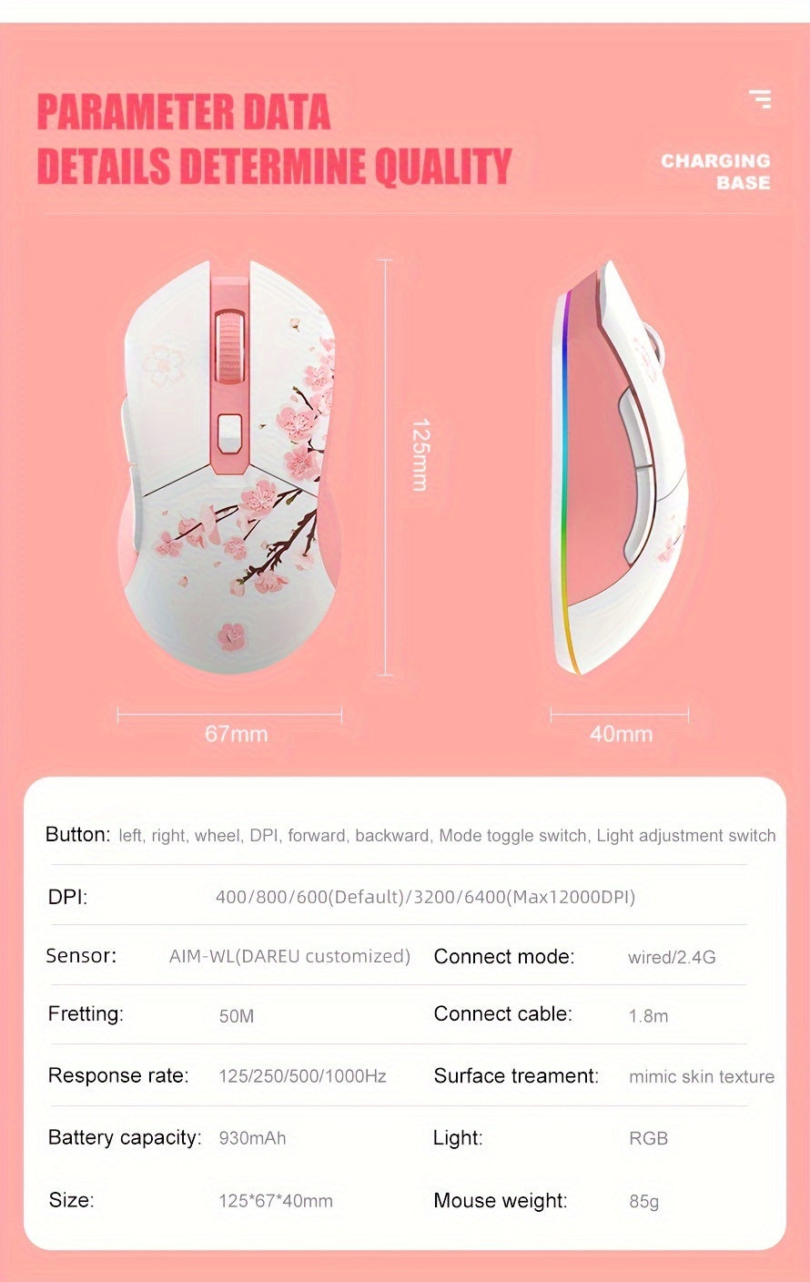 DAREU Sakura Pink Wireless Gaming Mouse - 12K DPI, RGB Rechargeable, 7 Programmable Buttons, Charging Dock Stand, Dual Mode for PC/Laptop/Mac - The Perfect Gift for Birthdays, Valentines, Halloween, Easter, and Girlfriends