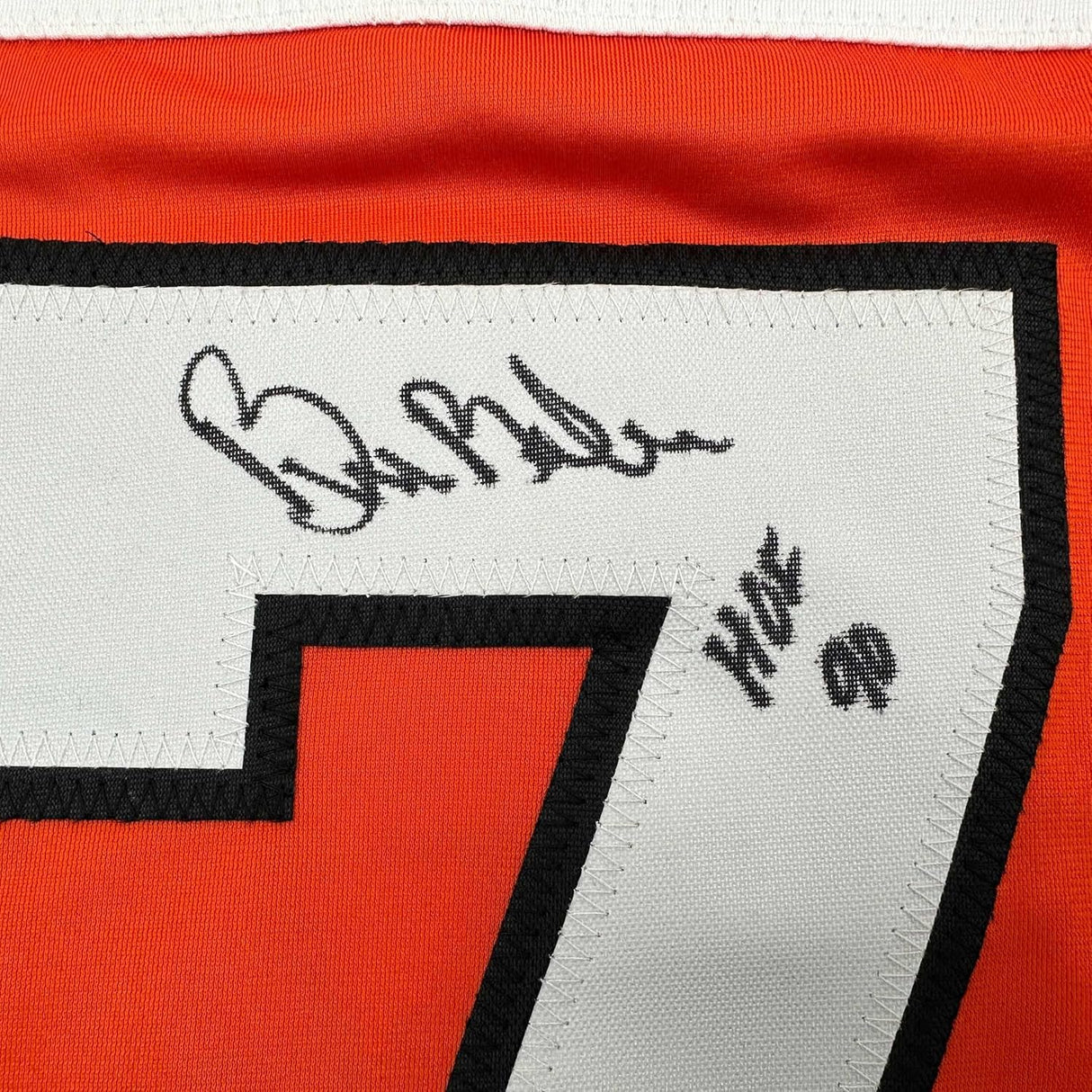 Framed Autographed/Signed Bill Barber 35x39 HOF 90 Philadelphia Orange Hockey Jersey Beckett BAS COA