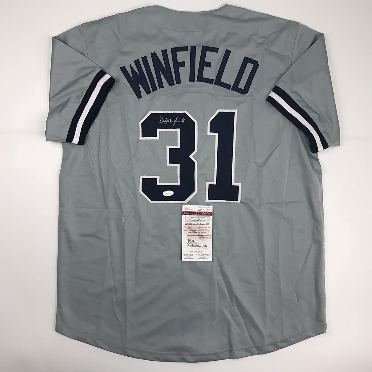 Camiseta de béisbol gris de Nueva York autografiada/firmada por Dave Winfield (JSA COA)