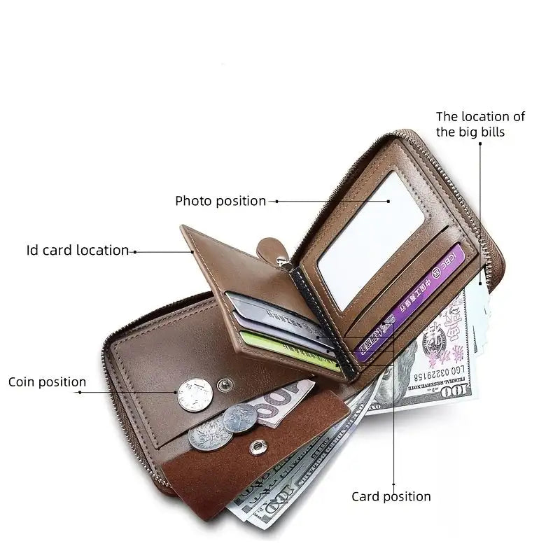 Fashionable Men's Wallet, Short Casual, Retro Zipper Youth European And American Fashion Wallet, Large Capacity, Super Practical - Lootquake