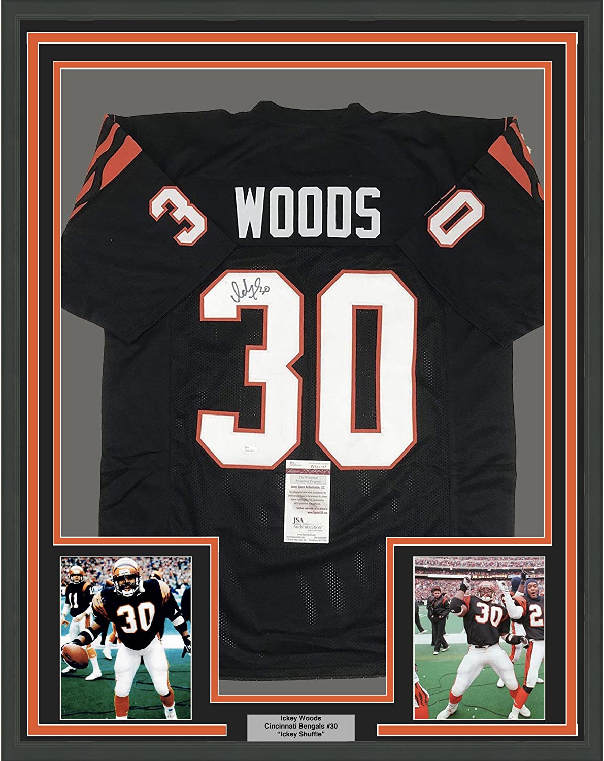 Camiseta de fútbol americano negra de los Cincinnati Bengals, enmarcada, autografiada y firmada por Ickey Woods, 35 x 39, JSA COA