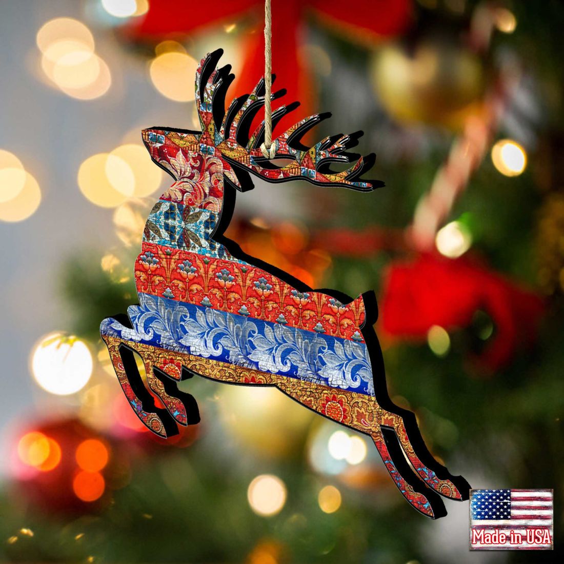 Country Quilted Reindeer Wooden Ornaments by G. DeBrekht - Wildlife Holiday Decor - 8198211-4
